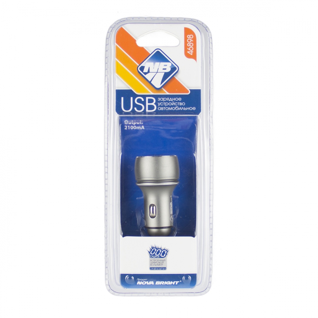 Зарядное устройство "Nova Bright" для моб.устройств, 2 USB-порта, 2100мА + цифровой LED вольтметр,  12/24В
