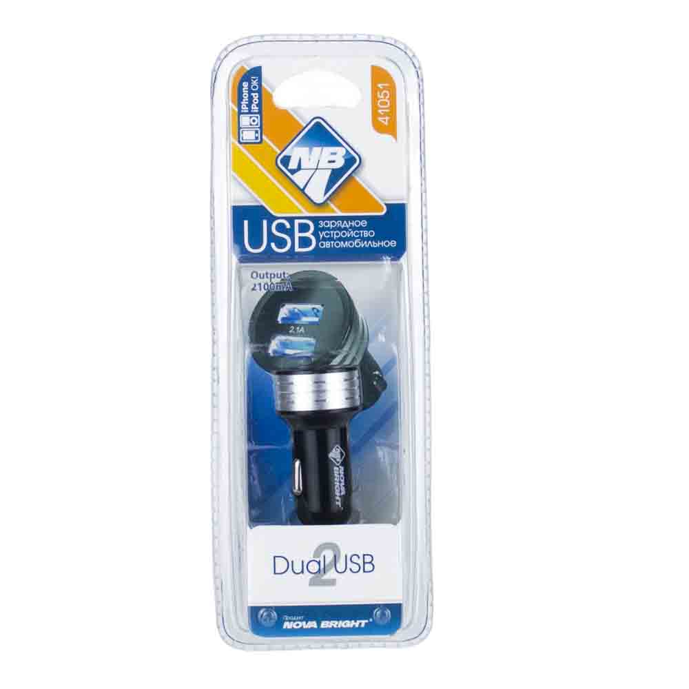 Зарядное устройство "Nova Bright" для моб.устройств, 2 USB-порта, 2100мА, LED подсветка, 12/24В