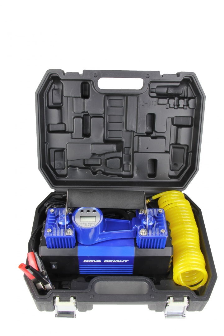 Компрессор "Nova Bright" АК-90 двухпоршневой, до 90 л/мин., 150 PSI, 12В, металл.корпус, пластик.кейс, цифровой ман., LED-фонарь, автостоп